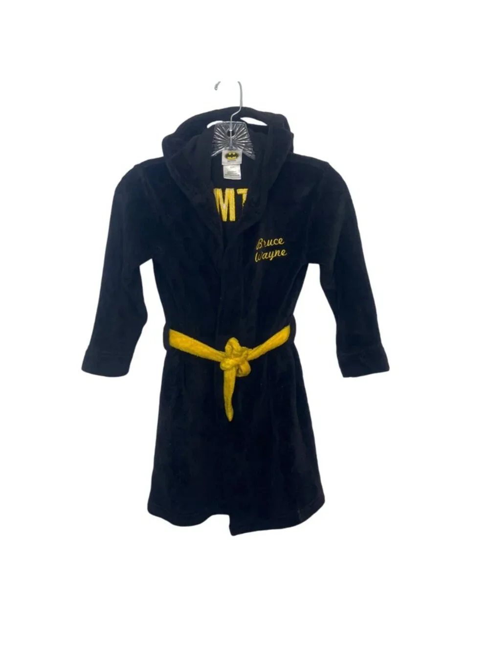 Batman Hooded Bathrobe Boys Small Black Yellow Bruce Wayne Embroidery